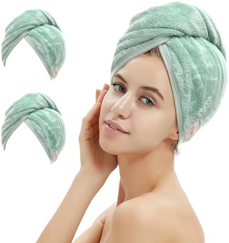 M-bestl 2 Pack Microfiber Hair Towel Wrap,Hair Drying Towel with Button, Hair Towel Turban,Head Towel to Dry Hair Quickly (Green&Green) by awesomeOralcareproduct