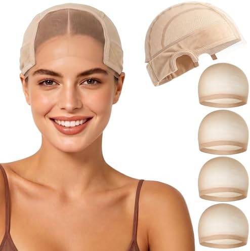 MEEZY Skin Color Lace Wig Grip Cap with 4 Pcs Stocking Hairnets for Women, Non-Slip Wig Caps with Grip Band for Lace Front Wig, Adjustable Elastic Headband Accessories for Secure Hold by MEEZY