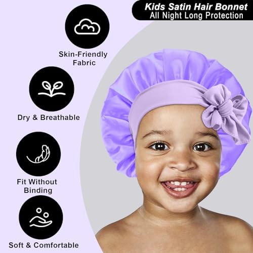 3Pcs Kids Silk Satin Bonnet for Sleeping - Baby Hair Sleep Bonnet,Kids Bonnets for Girls Toddler Child with Wide Elastic Tie Band,Night Cap Hats for Curly Natural Hair(Purple+Blue+Gold) - Image 4
