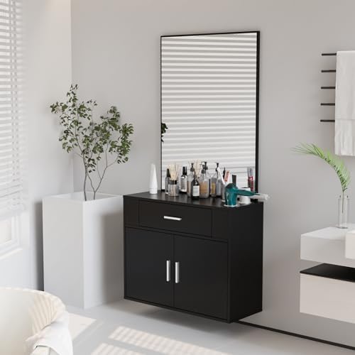 OmySalon Wall Mount Salon Station with Mirror, Hair Styling Barber Station, Beauty Salon Spa Equipment with 1 Drawer, 1 Storage Cabinet, 2 Hair Dryer Holders, Black - Image 2