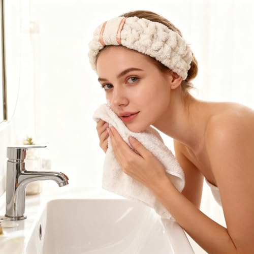 4 Pack Microfiber Towel Headbands for Washing Face, Spa & Skincare for Women (Beige, Flesh Pink, Grey, Green) - Image 6