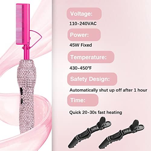 Deluxe Electric Hair Straightener and Curling Comb for Natural Hair and Wigs, 450°F Heat Pressing Comb with Anti-Scald Case (Pink) - Image 3