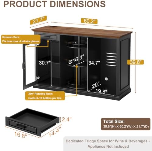 GDLF 60.2-Inch Home Bar Cabinet with Fridge Space, Amber LED, Black/Walnut - Image 2