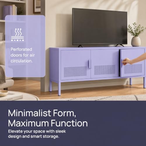 Metal TV Stand with 3 Ventilated Door, Short Steel Storage Cabinet with Adjustable Shelf, Low Airflow Steel Media Locker for Small Apartments Home Office Purple 22" H X 35.4" W X 13.8" D - Image 3