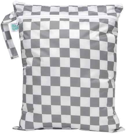Bumkins Waterproof Wet Dry Bag for Baby, Travel, Swim Suit, Cloth Diapers, Pump Parts, Pool, Beach, Gym Clothes, Toiletry, Hook to Stroller, Daycare, Zipper Reusable Wetdry Packing Pouch, Gray Check by Bumkins