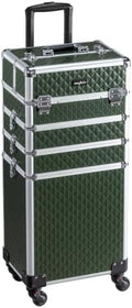 mefeir 4-in-1 Rolling Makeup Train Case for Hair Stylists & Makeup Artists, Aluminum Cosmetic Travel Organizer on Wheels, Lockable Beauty Storage Suitcase, Removable Casters (Diamond Dark Green) by OmySalon