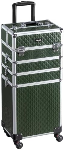 mefeir 4-in-1 Rolling Makeup Train Case for Hair Stylists & Makeup Artists, Aluminum Cosmetic Travel Organizer on Wheels, Lockable Beauty Storage Suitcase, Removable Casters (Diamond Dark Green) by OmySalon