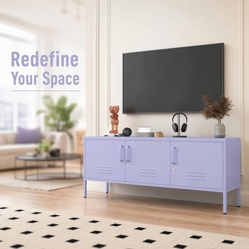 Purple Media TV Stand with Lock, 3 Door Metal Accent Cabinet with Adjustable Shelves, Steel Storage Sideboard for Living Room Bedroom Entrancy 22" H X 47.3" W X 13.8" D - Image 7