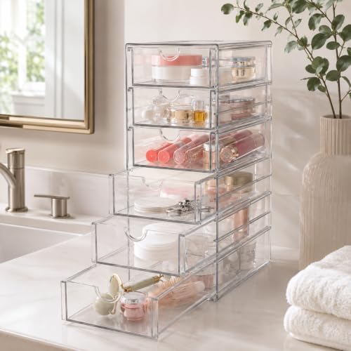 Clear Drawer Organizer, Transparent Plastic Storage Drawers, Hair Accessaries Organizer Case Display Stand, Acrylic Organizers for Organizing Eyeglass, Hair Ties, Accessories (Large - 6-Drawer) - Image 6