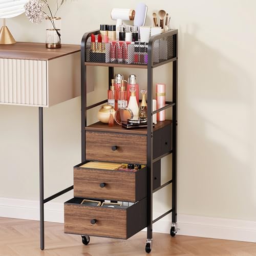 HapiRm Rolling Makeup Cart Organizer - Floor Skincare Make Up Storage with 3 Non-woven Fabric Drawers, Vanity Organizer Cosmetic Display Cases Holder for Skin Care Perfume Nail Polish Brush Hair Tool by HapiRm