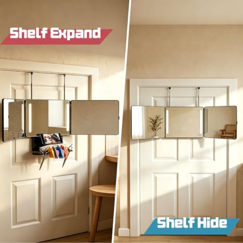 3 Way Mirror for Self Hair Cutting with Storage Shelf, LED Lights - Image 3