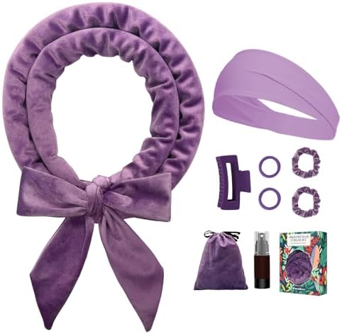 Gwabee No Heat Overnight Curl Headband, 70" Soft Ribbon Wrap with 9 PCS Curling Rods and Yoga Strap - Purple by Gwabee