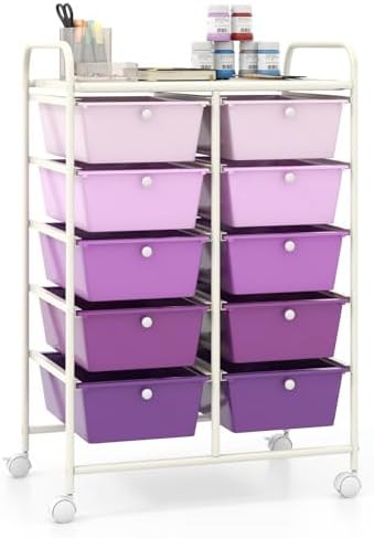 Giantex 10 Drawers Rolling Cart, Classroom Organizers, Storage Cart with Wheels, for Teacher Office Home School Supplies Tool Craft Art Paper, Purple Gradient by Giantex