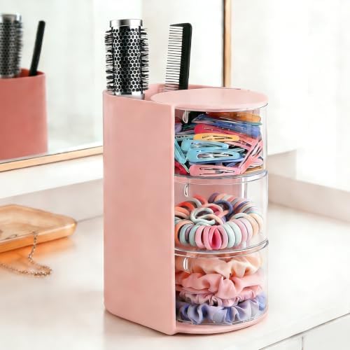 3-Layer Rotating Girls Hair Accessories Organizer Multi-Function Hair Brush Holder Makeup Organizer, Desktop Storage for Hair Clips, Hair Ties, Combs, Jewelry & Stationery (Pink) by Unknown