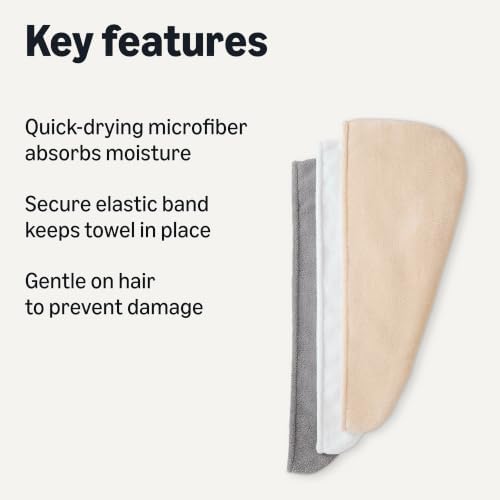 Amazon Basics Quick Dry Microfiber Hair Towel Wrap, Hair Drying Towel, White/Beige/Grey, 3-Pack - Image 2