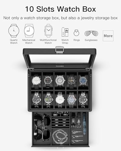 VLANDO Watch Box 10 Slots, Lockable Watch Case with Textured Leather, 2 Layer Watch Holder for Rings, Glasses, Mens Jewelry Box with Glass Lid, Removable Divider, Gifts for Father, Husband, Black - Image 6