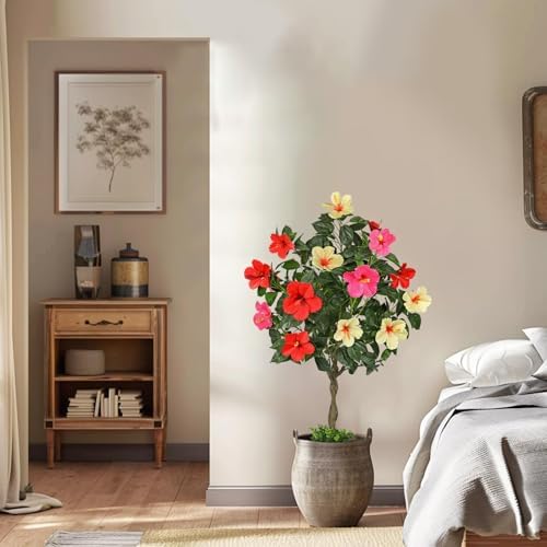 Briful 47" Artificial Hibiscus Tree with 3 Colors Flowers, Fake Tropical Plant in Pot, Tall Faux Flower Tree for Indoor Outdoor Decor, Realistic Silk Hibiscus & Braided Trunk, Potted Home Office Patio - Image 5