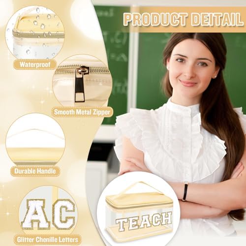 Teacher Appreciation Gifts Chenille Letter Clear Makeup Bag TEACH Pouch, Preppy Patch Makeup Bag Zipper with Handle Nylon Travel Cosmetic Bag Graduation Retirement Teacher Gifts for Women(TEACH-Beige) - Image 3