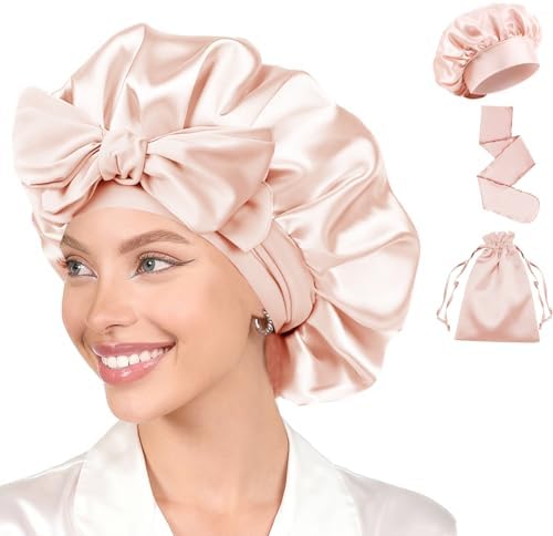 Womens Hair Bonnets Satin Bonnet for Sleeping Silk Bonnets Curly Hairs Braids Silky Sleep Caps with Long Soft Tie Band by WJingYiJia