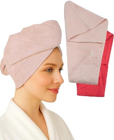 Textila 100% Cotton Hair Wrap Towels for Women (Pack of 2, Raspberry & Pink) – Soft & Absorbent Turban Towels for Long, Curly, Frizz-Prone Hair by TEXTILA