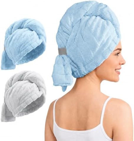 REDKISS 2 Pack Microfiber Hair Towel Wrap for Women, Super Absorbent & Quick Dry Large Hair Turban, Lightweight Anti-Frizz Drying Towel for Long Curly Thick Hair - Blue Gray by REDKISSOnline