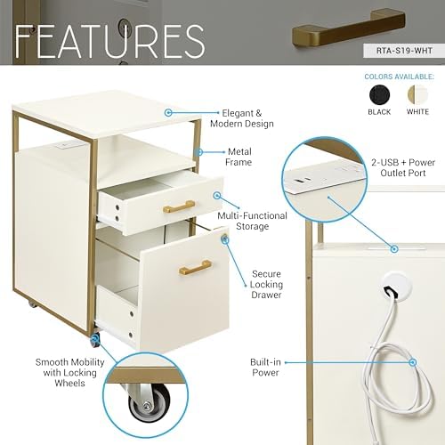 Techni Mobili Salon Storage Cabinet with Lock, 2 Drawer Organizer with USB Ports and Power Outlet, for Hair & Nail Supplies, Ideal for Professional Salons & Spas, White & Gold - Image 4
