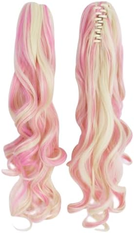 MapofBeauty Lolita Long Curly Clip on Ponytails Cosplay Wig, Blonde/Pink - Image 6