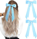 2PCS Silky Satin Hair Bows Hair Clip Blue Hair Ribbon Ponytail Holder Accessories Slides Metal Clips Hair Bow for Women Girls Toddlers Teens Kids by AILEAM
