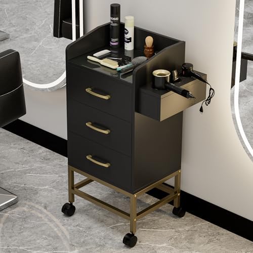 Beauty Salon Storage Trolley Cart, Mobile Hair Salon Station Hairdressing Tools Organizer Cabinet with 3 Drawers, Hair Dryer Holders and Lockable Rolling Wheels(Black Gold) - Image 7