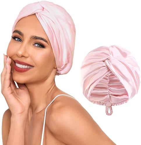 Adjustable Silk Satin Hair Bonnet for Sleeping Women, Double Layer, Silk Hair Wrap for Sleeping Women Men, Curly Natural Braid Straight Unisex - Pink by Baqzqudnl