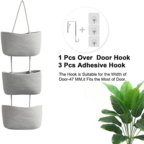 TeoKJ Over the Door Hanging Storage Basket Woven 3 Tier Wall Organizer Gray - Image 6