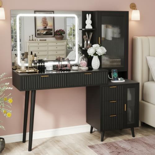 Black Vanity Desk with Mirror and Lights, 49" Fluted Wood Makeup Vanity Table with Modern Glass Top, Charging Station, 5 Drawers, 2 Cabinet with Adjustable Shelves, Salon Station,Wood by GlouModFurniture