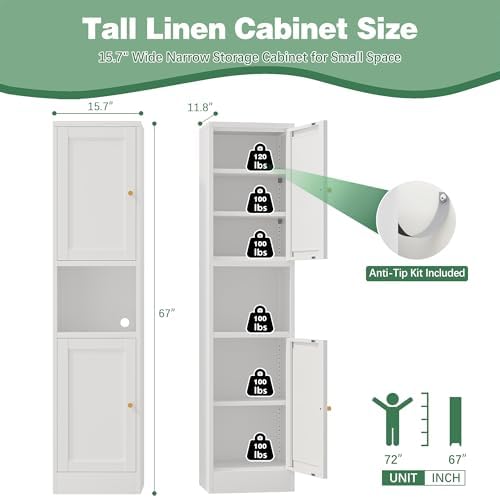Bevivog Slim Kitchen Pantry Cabinet for Small Space, 67" Tall Narrow Storage Cabinets with Hutch and 3 Adjustable Shelves, Freestanding Tall Slim Bathroom Storage Cabinet - Image 3
