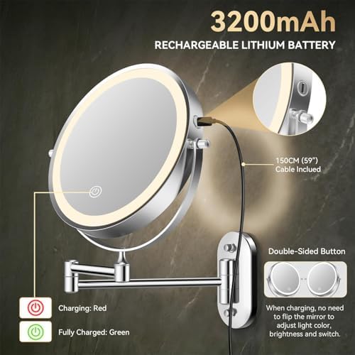 Auxmir 1X/30X Wall Mounted Makeup Mirror, 8" Rechargeable Magnifying Mirror - Image 3