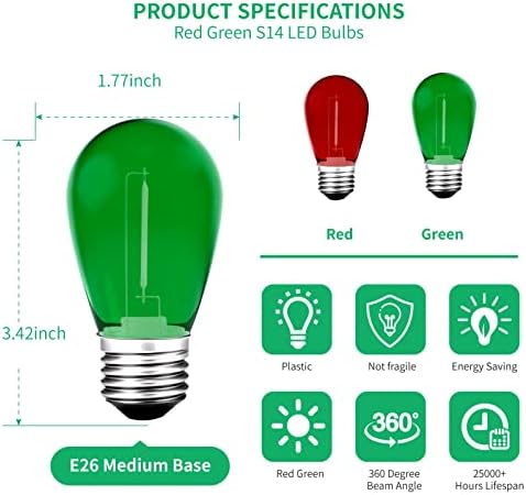 S14 LED E26 1W String Light Replacement Outdoor Bulbs, Red Green, 15-Pack - Image 2