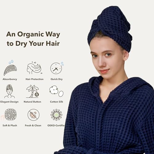Luxury Organic Japanese Cotton Hair Drying Waffle Towel Wrap for Women | Absorbent, Quick-Dry Head Turban for Shower, Sauna, Spa | Extra Large for Long, Curly, Straight Hair With Button (Blue, 1 Pc) - Image 3