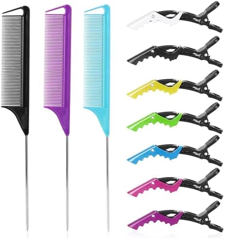 Kunihiko Rat Tail Comb Hair Clips Set: 3Pcs Rat Tail Combs, 7Pcs Alligator Clips (Black, Purple, Blue) by Kunihiko