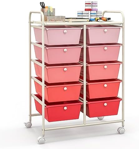 Giantex 10 Drawers Rolling Cart, Classroom Organizers, Storage Cart with Wheels, for Teacher Office Home School Supplies Tool Craft Art Paper, Pink Gradient by Giantex
