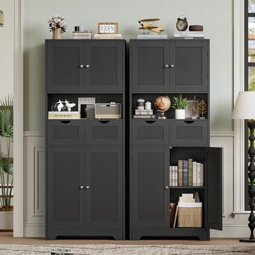 Iwell 57.8" H Tall Storage Cabinet with 2 Drawers & 2 Adjustable Shelves, Kitchen Cabinet with 4 Doors, Tall Cabinet for Living Room, Dining Room, Entryway, Black - Image 6