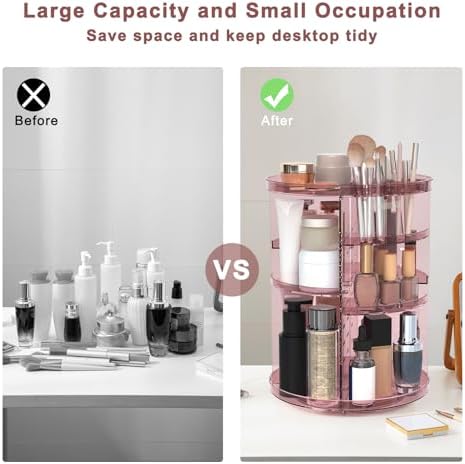 Rotating Makeup Organizer, DIY 8 Adjustable Layers Spinning Skincare Storage, Cosmetic Display Case with Brush Holder and Perfume Tray, Multi-Function Vanity Bathroom Countertop Organizer Clear Pink - Image 5