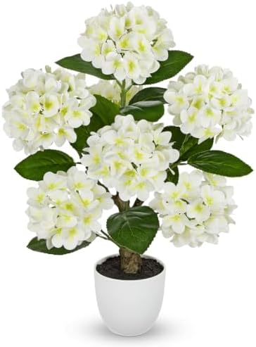 2FT White Hydrangea Artificial Flowers Tree Large Real Touch Faux Silk Hydrangea Plants Potted Fake Flower in White Pot for Home Indoor Outdoor Front Porch Garden Entrance Living Room Decor by Hollyone