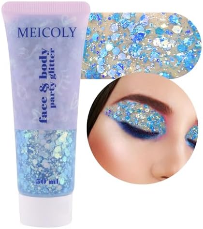 MEICOLY Chameleon Mermaid Blue Body Glitter,Chunky Face Glitter for Halloween,Color Changing Mermaid Hair Glitter Face Paint,Glitter Sequins for Face Body Hair,Festival Party Cheer Glitter Makeup by MEICOLY