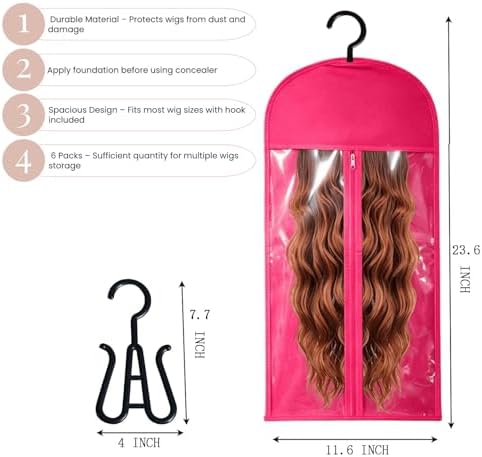 6PCS Wig Storage Bags with Hanger for Multiple Wigs,Wig Bag with Hook Storage,Breathable and Easy Carry Home Hair Salon Travel Use (Hot Pink) - Image 4