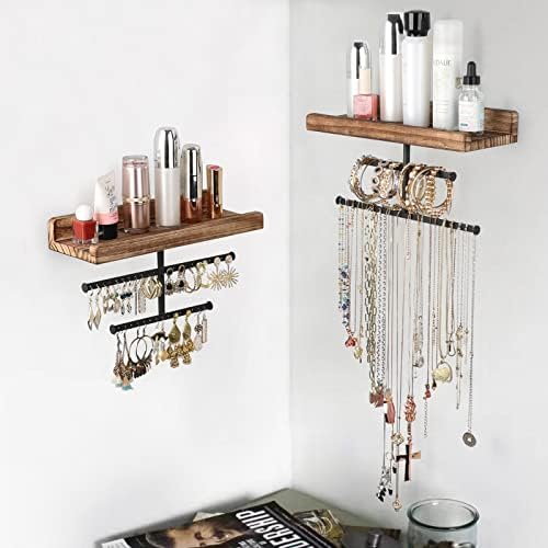 Keebofly Hanging Wall Mounted Jewelry Organizer with Rustic Wood Jewelry Holder Display for Necklaces Bracelet Earrings Ring Set of 2 Carbonized Black,[Patented] - Image 5
