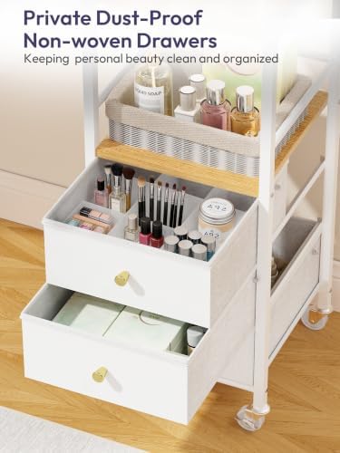 SWTYMIKI Makeup Organizer Cart with Mirror - Makeup Storage Vanity Dresser with Non-Woven Drawers, 360° Rotating HD Mirror, Rolling Organizer Cart for Skin Care Perfume Nail Polish Hair Tool White - Image 5