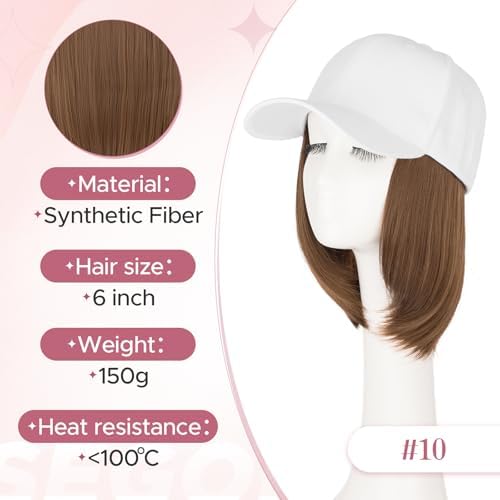 SEGO Baseball Cap with Hair Extensions for Women Heat Resistant Synthetic Hair Attached Short Straight Hairpiece White Baseball Cap Wig Adjustable Hat Wigs for Women 6 Inch 10A Light Brown - Image 5
