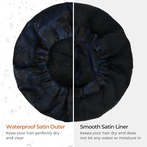 Shower Cap for Men Blue Camouflage Bath Cap, Reversible Large Waterproof Adjustable Shower Caps Terry Lining & Elastic Band Stretch Hem Hair Hat - Image 5
