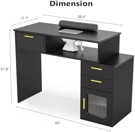 OmySalon Nail Desk with Electric Dust Collector & Glass Cabinet - Professional Manicure Table with Storage Drawer, Gold Handles, Wrist Cushion for Salon, Spa (Black) - Image 6