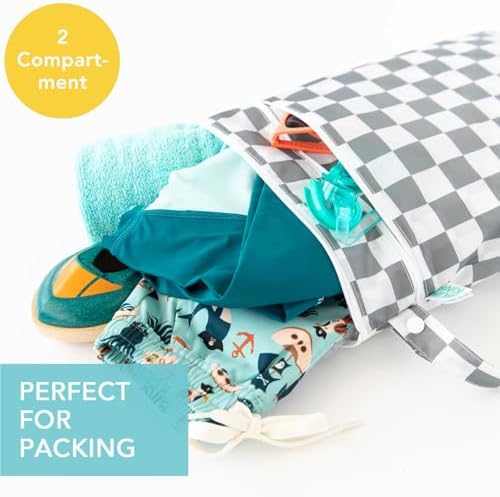Bumkins Waterproof Wet Dry Bag for Baby, Travel, Swim Suit, Cloth Diapers, Pump Parts, Pool, Beach, Gym Clothes, Toiletry, Hook to Stroller, Daycare, Zipper Reusable Wetdry Packing Pouch, Gray Check - Image 2