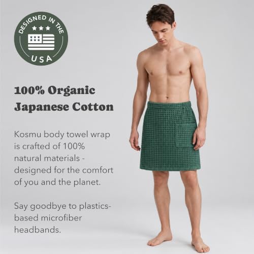 Luxury Organic Japanese Cotton Waffle Body Towel Wrap for Men | Sauna, Spa, Onsen, Shower Towel with Adjustable Snap Closure and Pocket | Ultra Plush 450 GSM (Forest Green, S/M) - Image 3